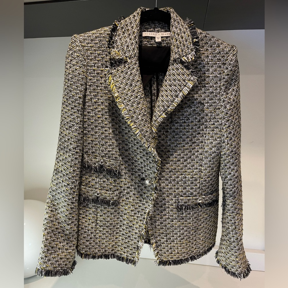 $695 Veronica Beard Metallic Fabian Tweed Cotton Blend Gray Silver Blazer sz 2